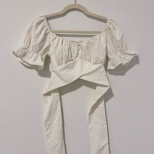 White puff sleeve wrap around top
